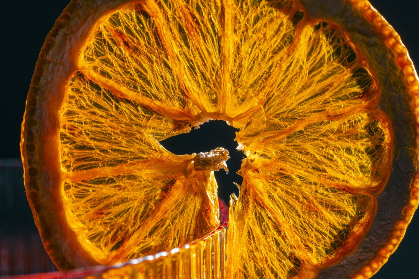 Close-up of the orange slice and glass