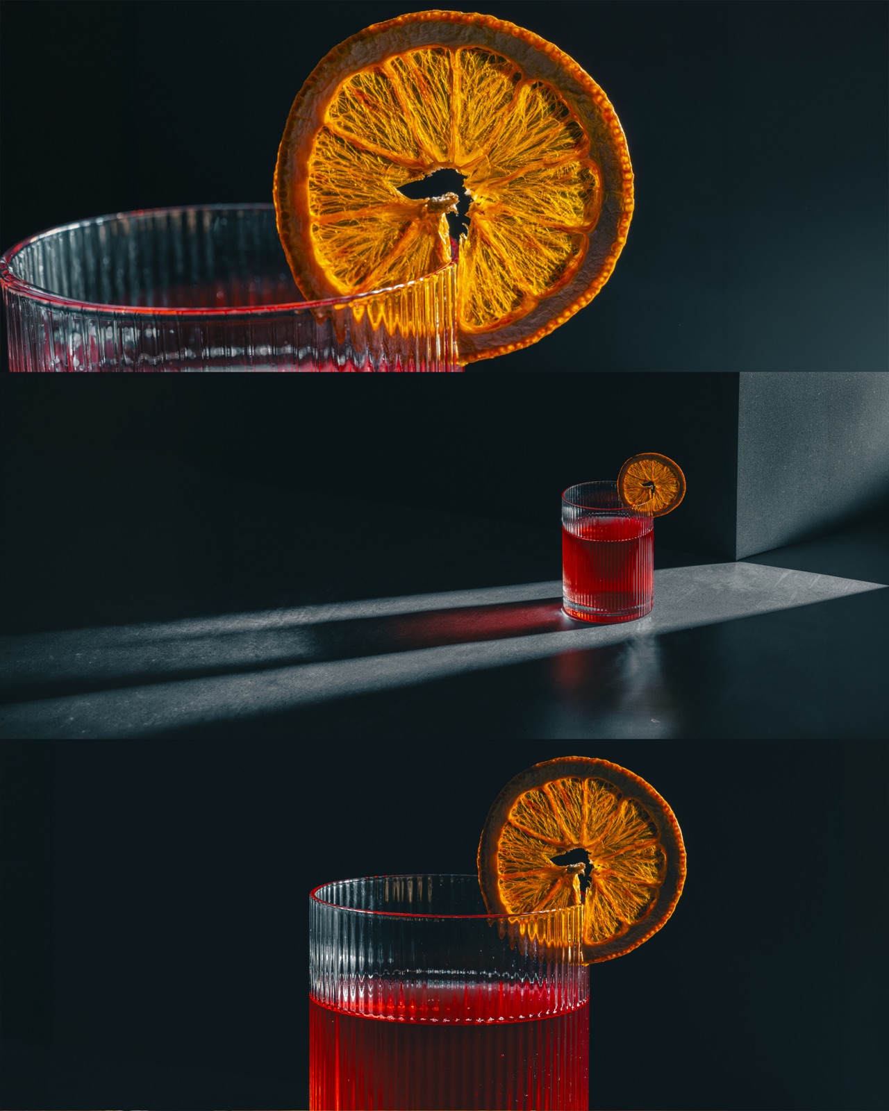 Three views of the cocktail: orange detail, wide composition and glass portrait